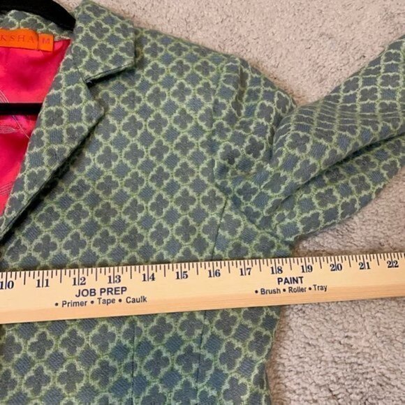 Moksha Womens Suit Jacket Blazer Green 100% Wool Geometric Pockets Long Sleeve M - Picture 3 of 11